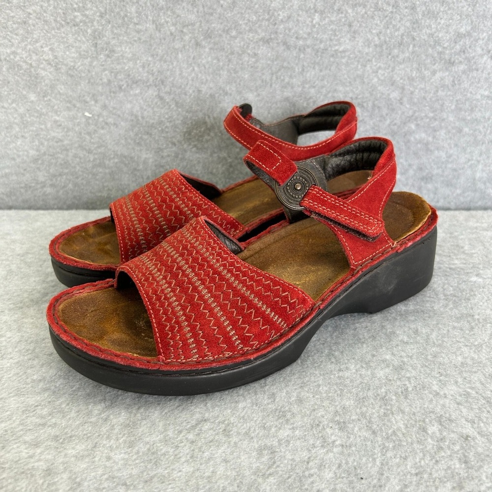 NAOT Red Suede Sandals Womens Sz 39 US 8 Casual Shoes Wedge Open Toe Embroidered